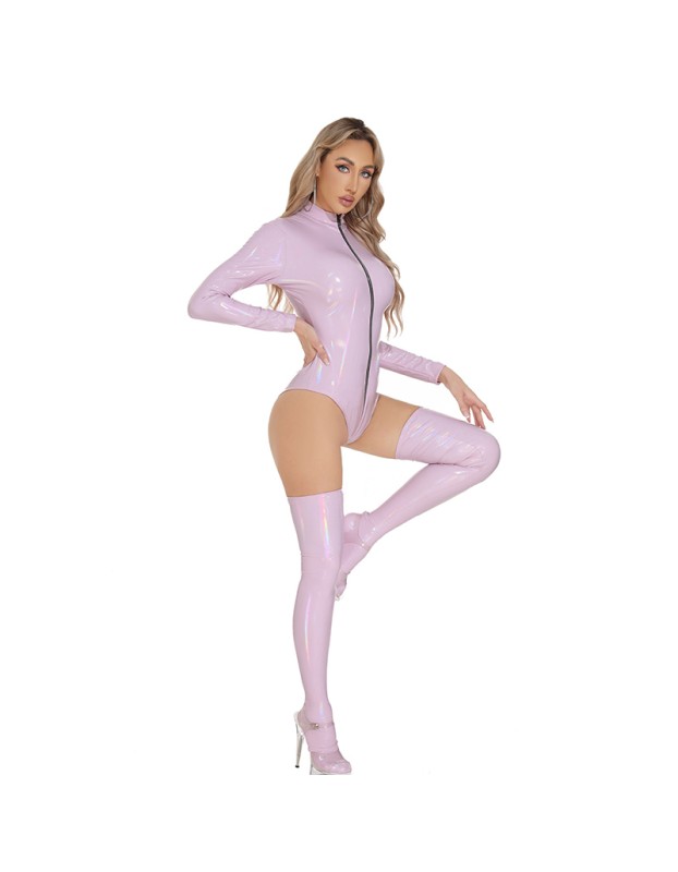 Women Sexy Zipper Jumpsuit Mirror Dazzling Open Crotch Bright Leather Bodysuit XX6916-1