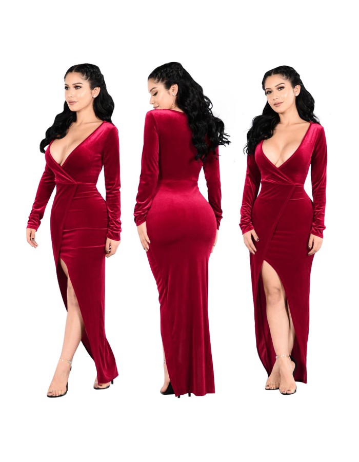 2017 Sexy Women Bandage Bodycon Deep V Long Sleeve Evening Party Cocktail Maxi Dress