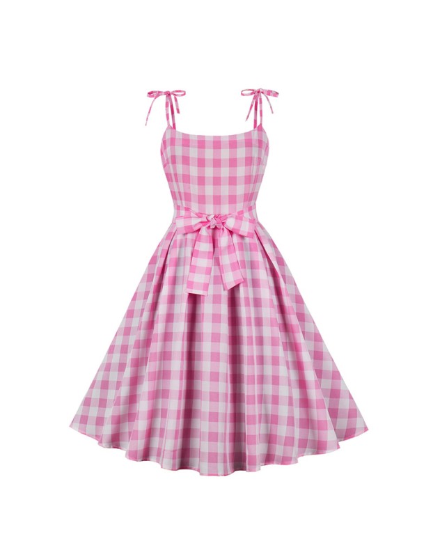 Sexy Halter Pink Plaid Women Casual Sweet Bow Barbie Midlength Dress 5170