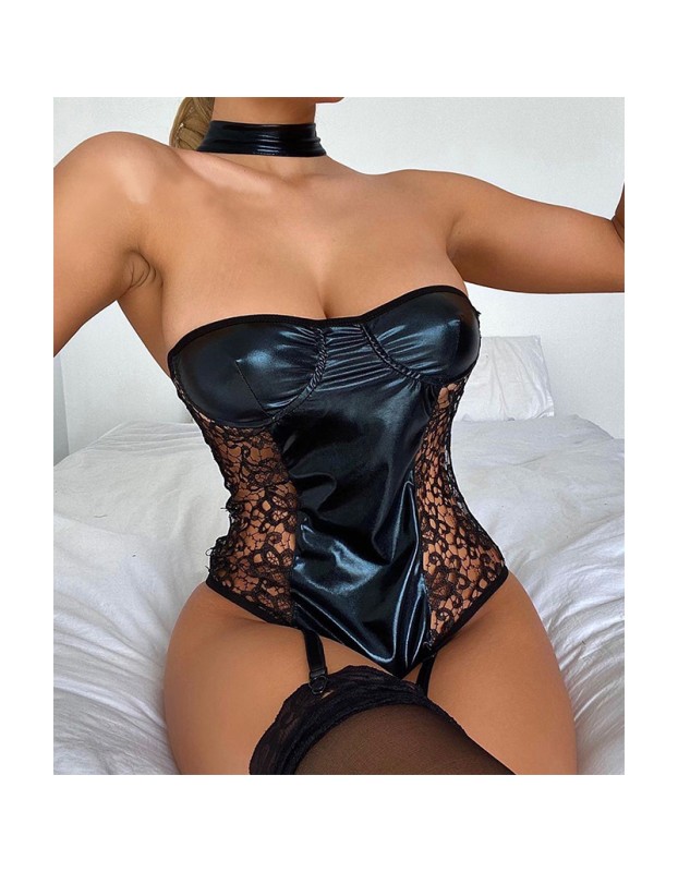 Sexy Mesh Women's Lace Bodysuit Patent Leather Halter Jumpsuit YSF10132