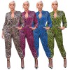 Full Sleeve Zipper V Neck Lady Sexy Leopard Jumpsuit M8474