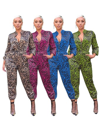 Full Sleeve Zipper V Neck Lady Sexy Leopard Jumpsuit M8474