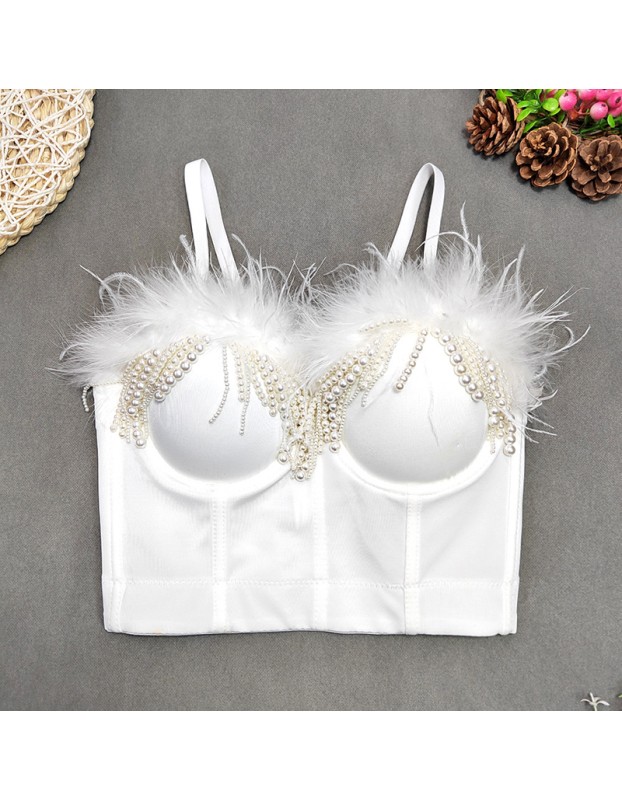 Feather Short Crop Sexy Nailed Beaded Tassel Breast Shaper Stage Top KN8130