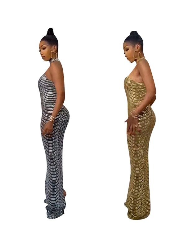 See Through Women Sexy Backless Hot Diamond Elegant Party Dress X5259
