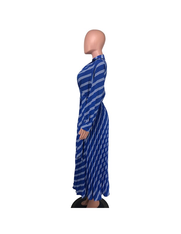 Sexy Women's V-neck Long Sleeve Exquisite Printed Pleated Dress YM8632