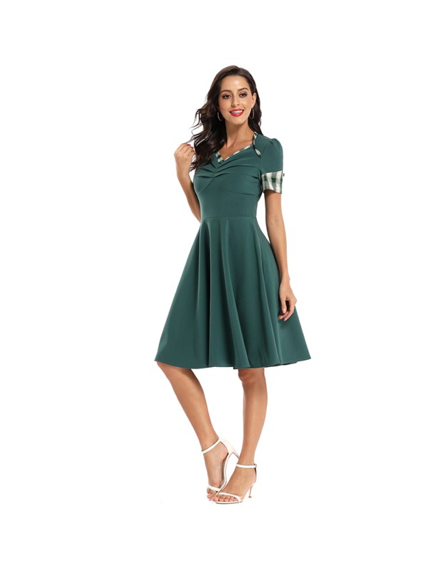 Color Contrast Dark Green Tuck Your Waist And Look Thin Dress Lady CD1769