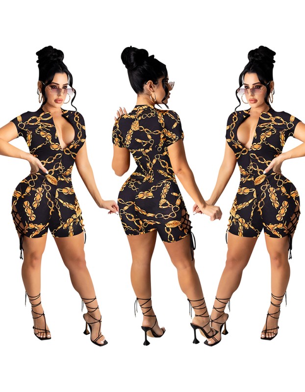 Women Leopard Print Lace Up And Cut Out Jumpsuit X5102