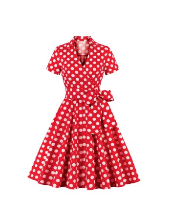 XL-4XL Vintage Polka Dot V-Neck Pin Up Rockabilly Dress 1207A