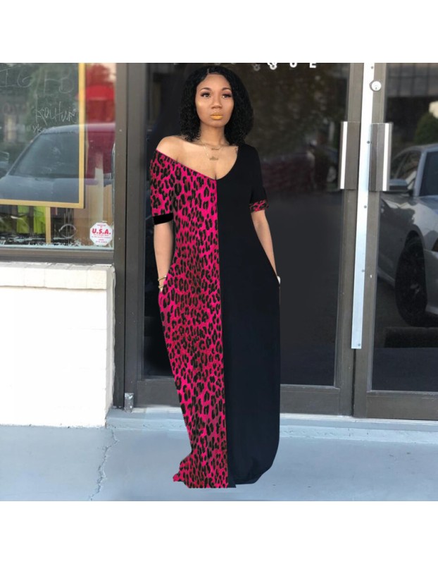 Lady Summer Loose Casual Leopard Pockets Dress M9200