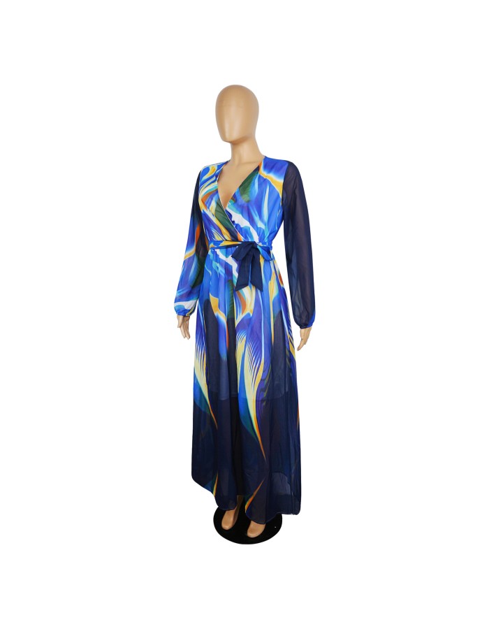 New Summer Printed Chiffon V-neck Maxi Dress M8380