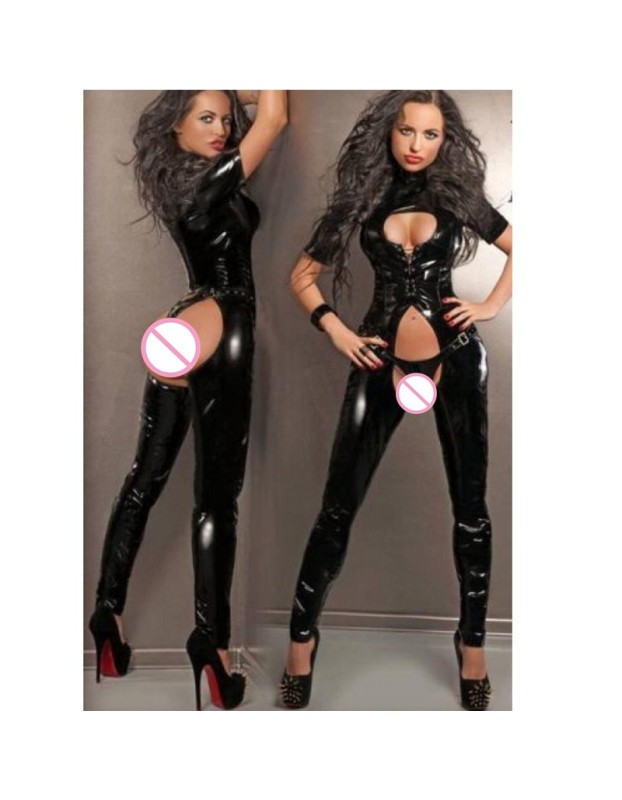 Short-sleeved black leather catsuit m7173