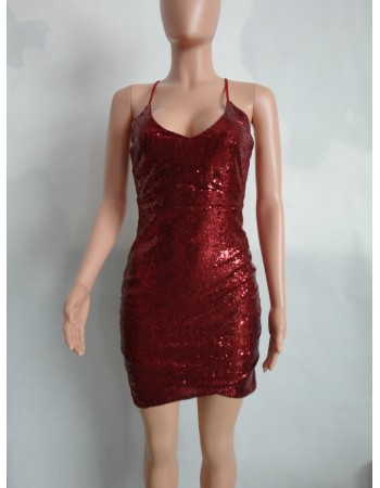 Ladies Deep V Neck Sequin Spaghetti Strap Bandage Dress M8088