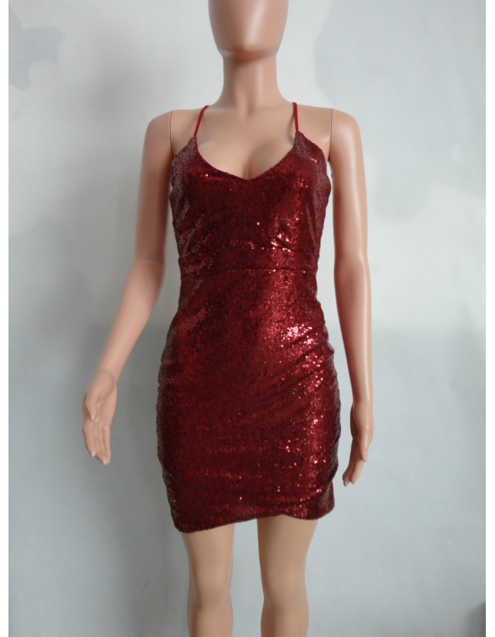 Ladies Deep V Neck Sequin Spaghetti Strap Bandage Dress M8088