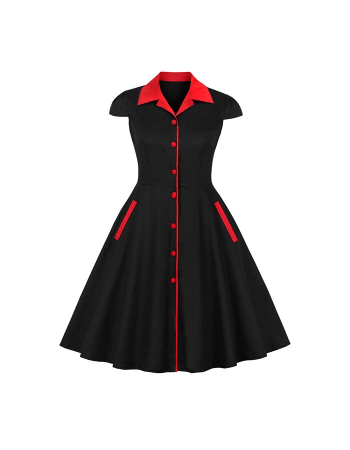 5XL Big Size Elegant Ladies Single-Breasted Vintage Pinup Swing Dress 1729A