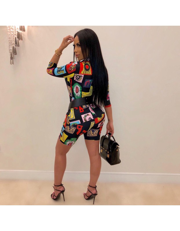 Sexy Casual 2 Two Piece Set Printing Coat + Hot Pants m8426