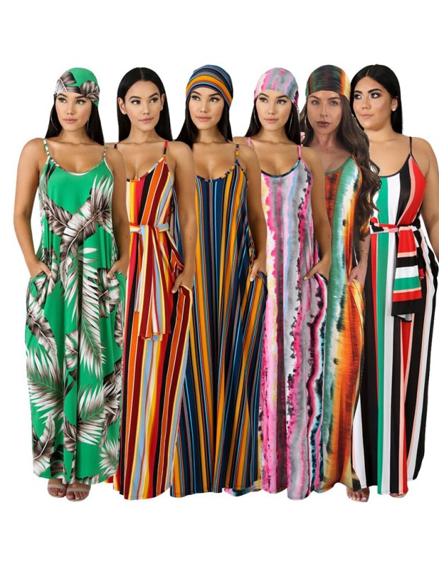 Women v neck spaghetti strap loose beach casual long maxi dress M9034