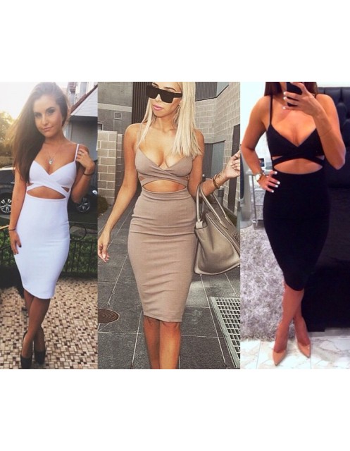 Women black lace-up bodycon midi dress M30046