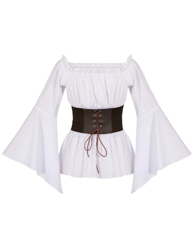 Women's Renaissance Long Sleeved Pleated Waist Bohemian Pirate Shirt Belt SM3024