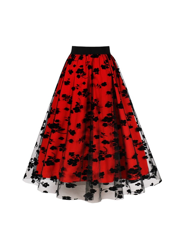 Mesh Double Flocking Floral Skirt With Waist Floral Print Women Full Skirt 5047