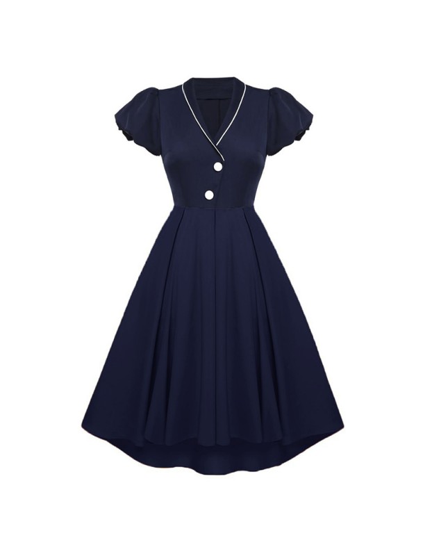 Contrast Color Christmas Formal Dovetail V-neck Puff Sleeves Dress CD1789