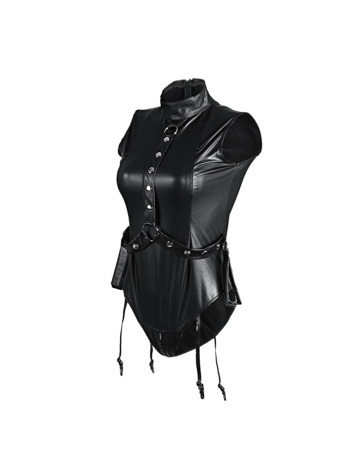 Sexy Fetish Bondage Bodysuit Cupless Faux Leather Nightculb Catsuit