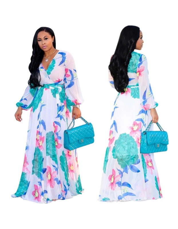 Women Maxi print dress long high quality Summer Beach Chiffon Party Dress M8214