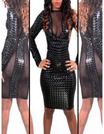 Black Unique Design Long Sleeves Bandage Bodycon Dress M3854
