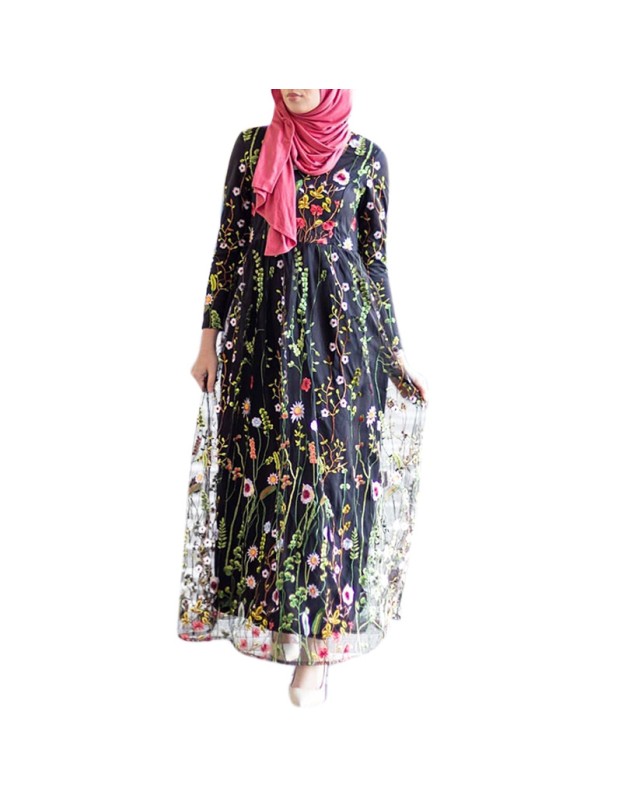 Lace Embroidery Ladies Partyl Dubai Sweet Flower Mesh Dress Women 21002
