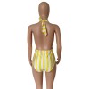 women halter deep V neck white black stripe one piece swimwear M8364