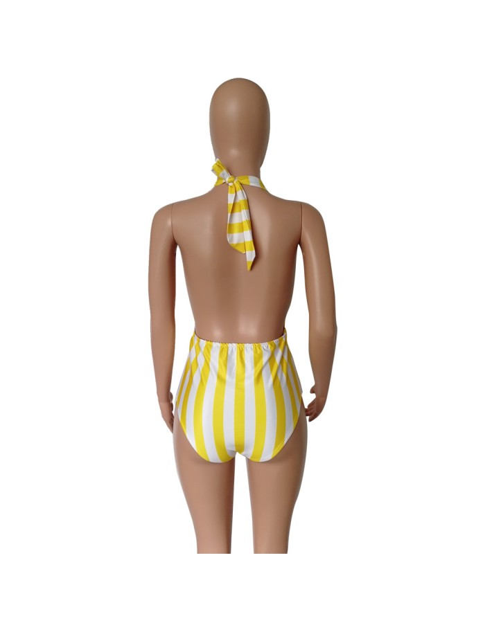 women halter deep V neck white black stripe one piece swimwear M8364