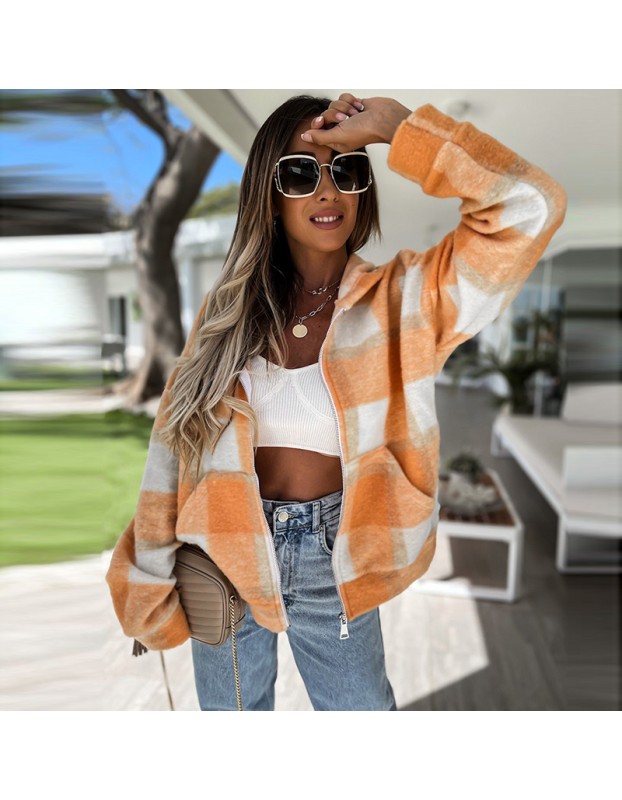 Checked Woolen Cloth Flannel Shirt Zipper Hooded Cardigan Women Coats LQ168