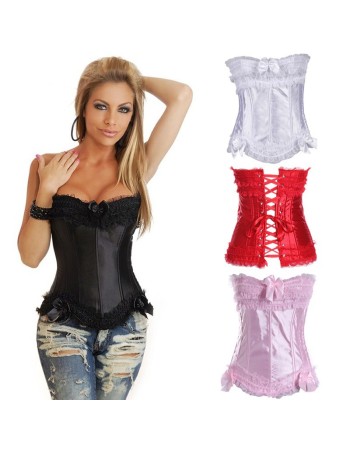 Lace Trim Bow Satin Corset Plus Size M1722A