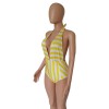 women halter deep V neck white black stripe one piece swimwear M8364