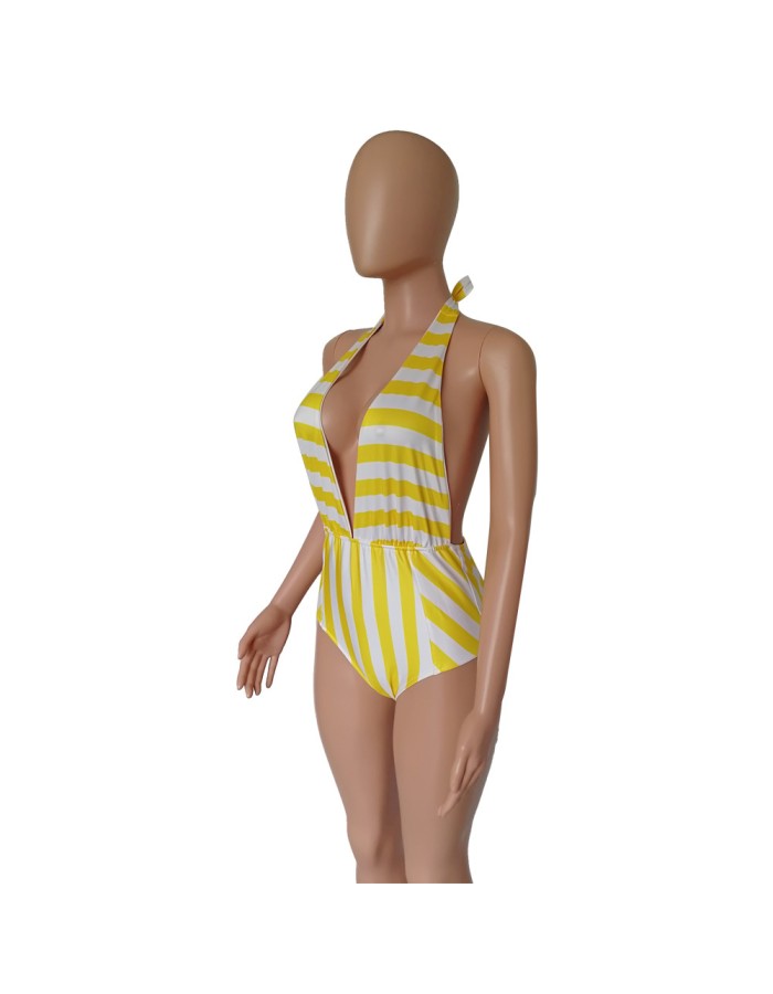 women halter deep V neck white black stripe one piece swimwear M8364