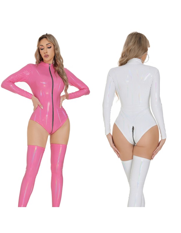 Women Sexy Zipper Jumpsuit Mirror Dazzling Open Crotch Bright Leather Bodysuit XX6916-1