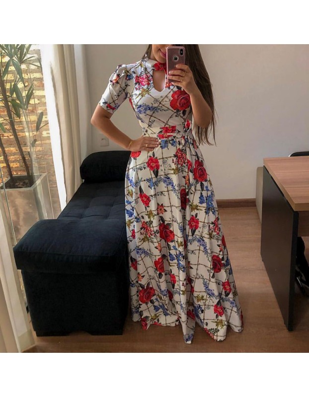 Casual Short Sleeve Long Boho Floral Print Maxi Dress M8410