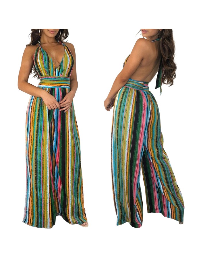 Summer Elegant Striped Deep v Neck Sexy High Waist Jumpsuit M8250