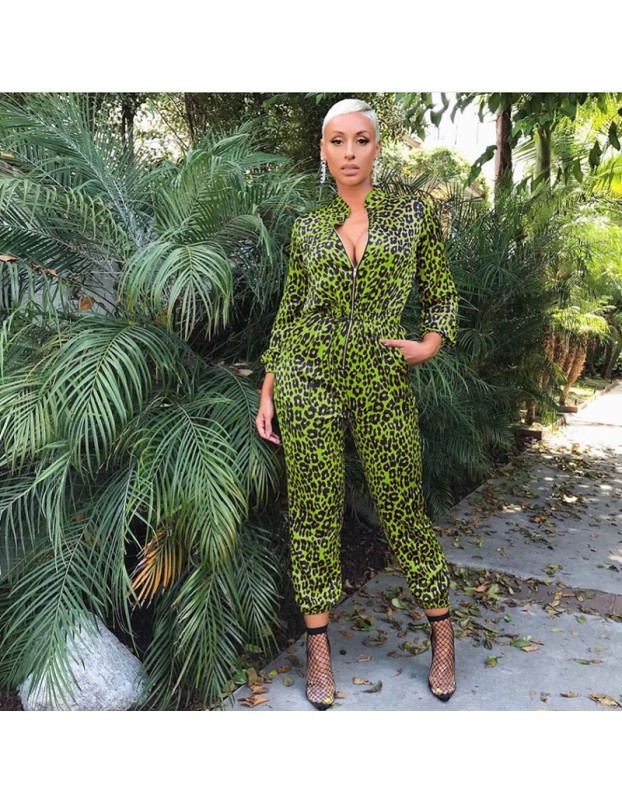 Full Sleeve Zipper V Neck Lady Sexy Leopard Jumpsuit M8474