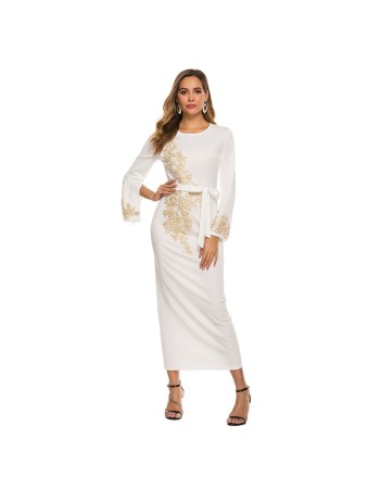 New Style Elegant Embroidered Beaded Trumpet Sleeve Lace Up Dress 1921