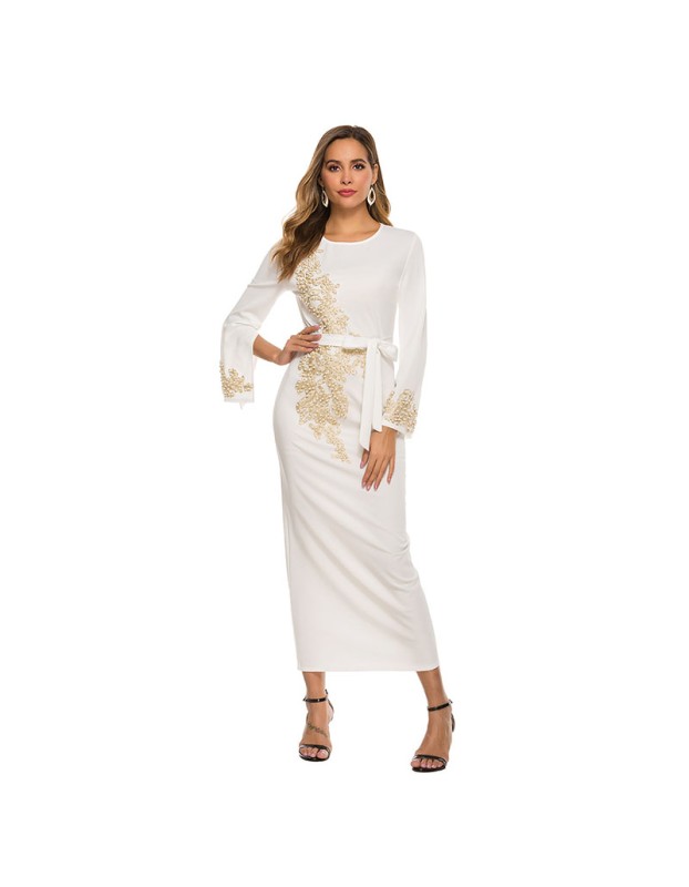 New Style Elegant Embroidered Beaded Trumpet Sleeve Lace Up Dress 1921