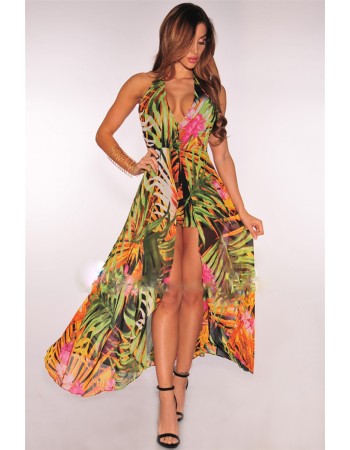 Women Summer Beach Print Floral Sexy Maxi Slip Dress Long Deep V Neck Halter Dress For Women