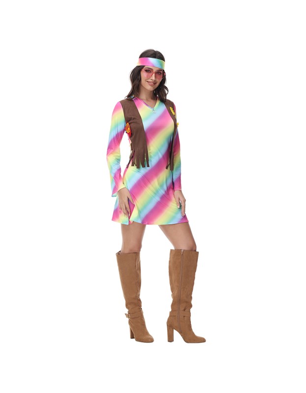 Sexy Halloween Gradient Striped Skirt Long Sleeve Cosplay Indian Dress Costume MS1781