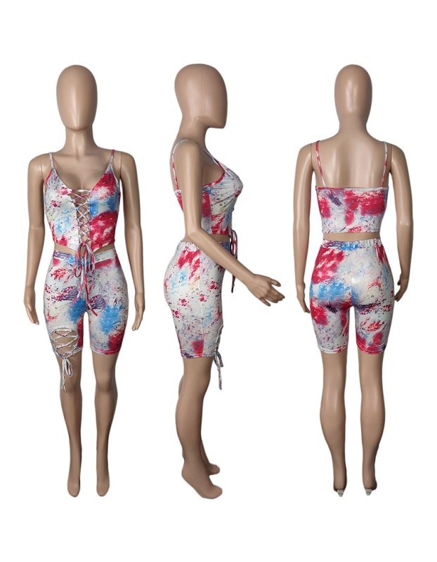 Fashion printing shorts set with hollow out two piece bandage M054