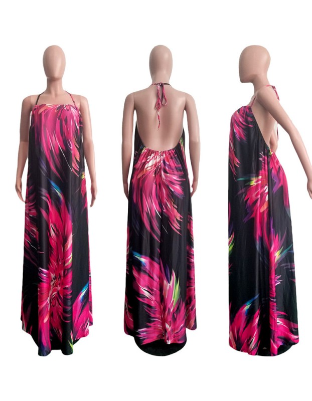 Halter Style Women Casual Loose Beach Maxi Dress M8388