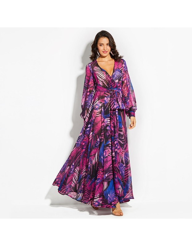 Summer long sleeve V-neck green leaf print maxi dress M8389