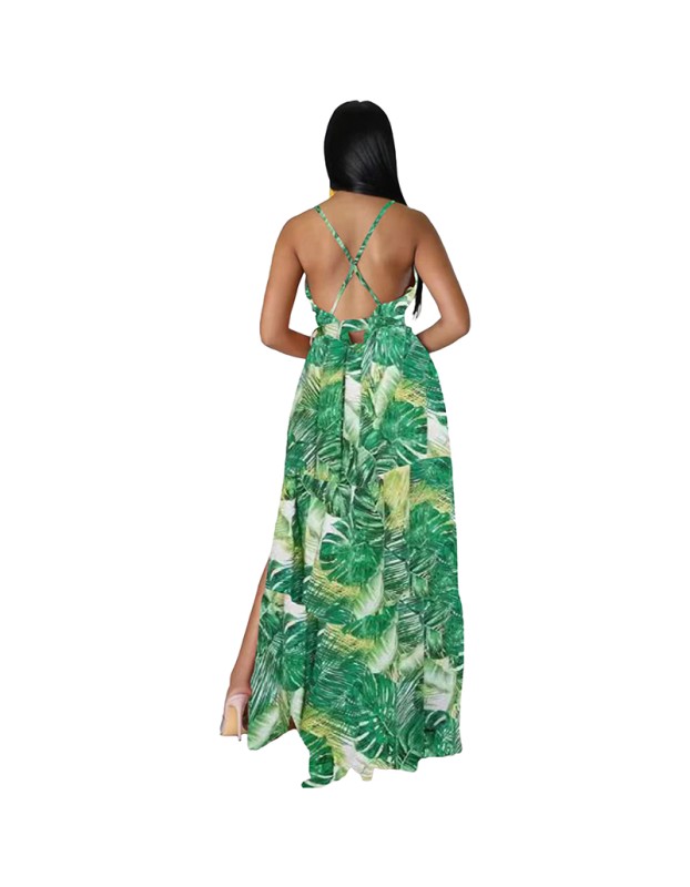 European And American Fashion Women's Print Halter Long Dress 9400