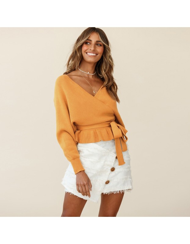 Long Sleeve Knitted Sexy Pull Over V-Neck Short Top Sweater LQ152