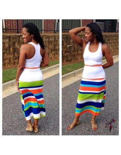 Summer high waist rainbow striped sleeveless beach wear dress
