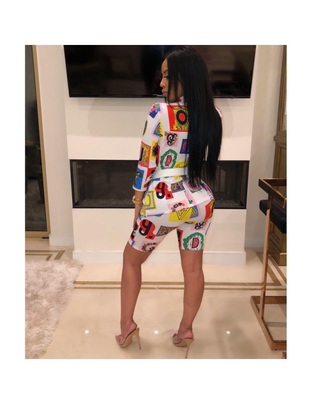 Sexy Casual 2 Two Piece Set Printing Coat + Hot Pants m8426
