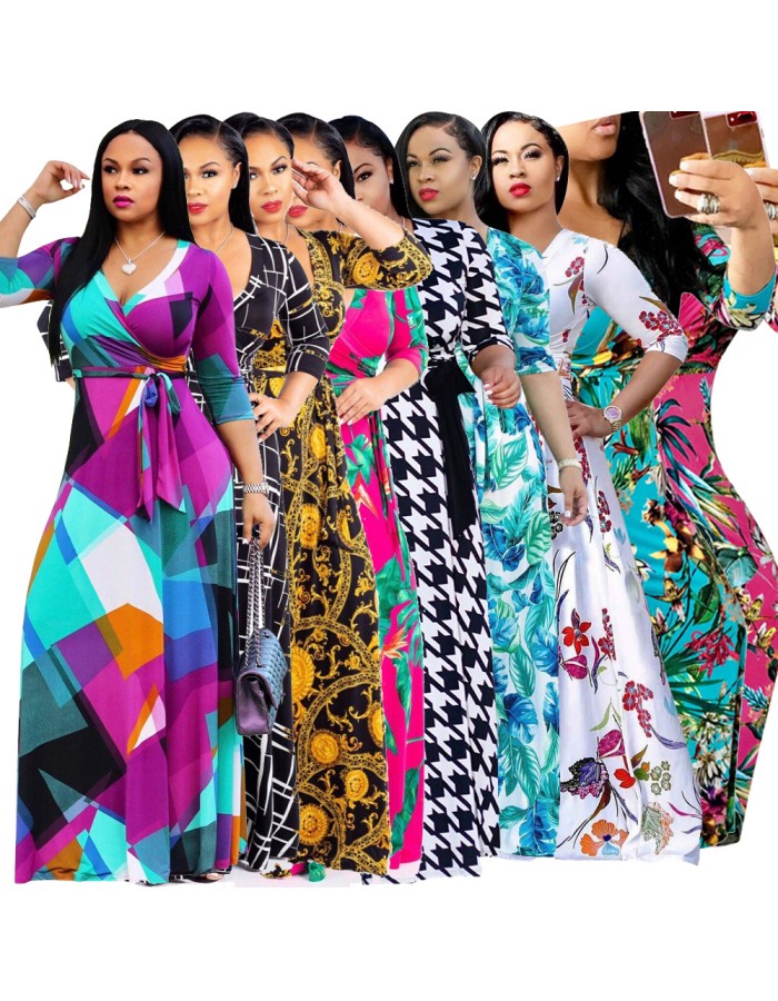 Hot Sale Long Printed Lady Dresses Casual Maxi Dress Women M8193